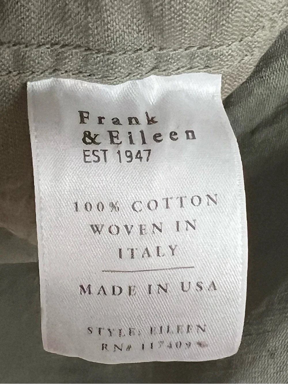 Frank & Eileen Eileen Olive Green Italian Cotton Button Shirt M